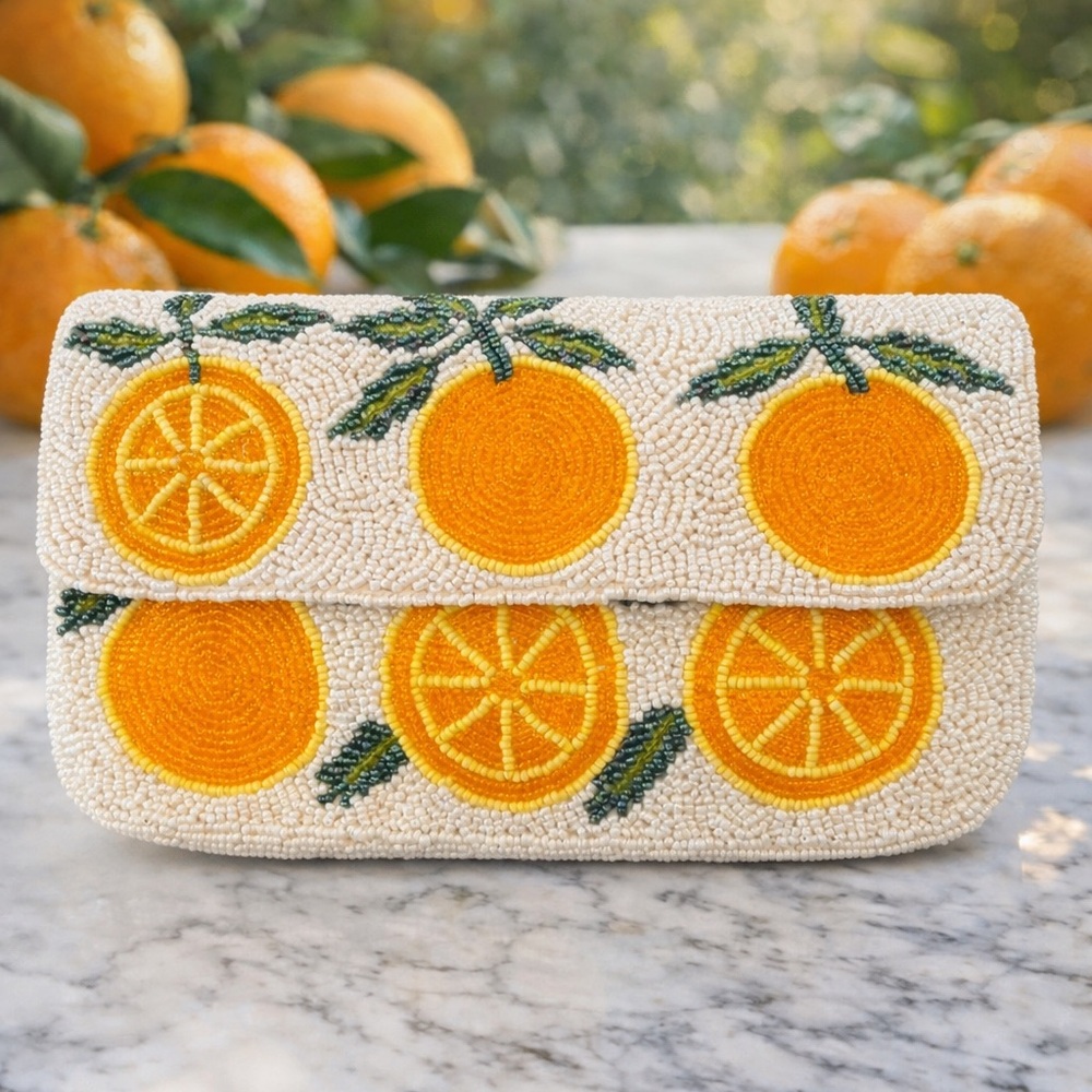 Beaded Orange Motif Clutch Bag - Cream and Yellow